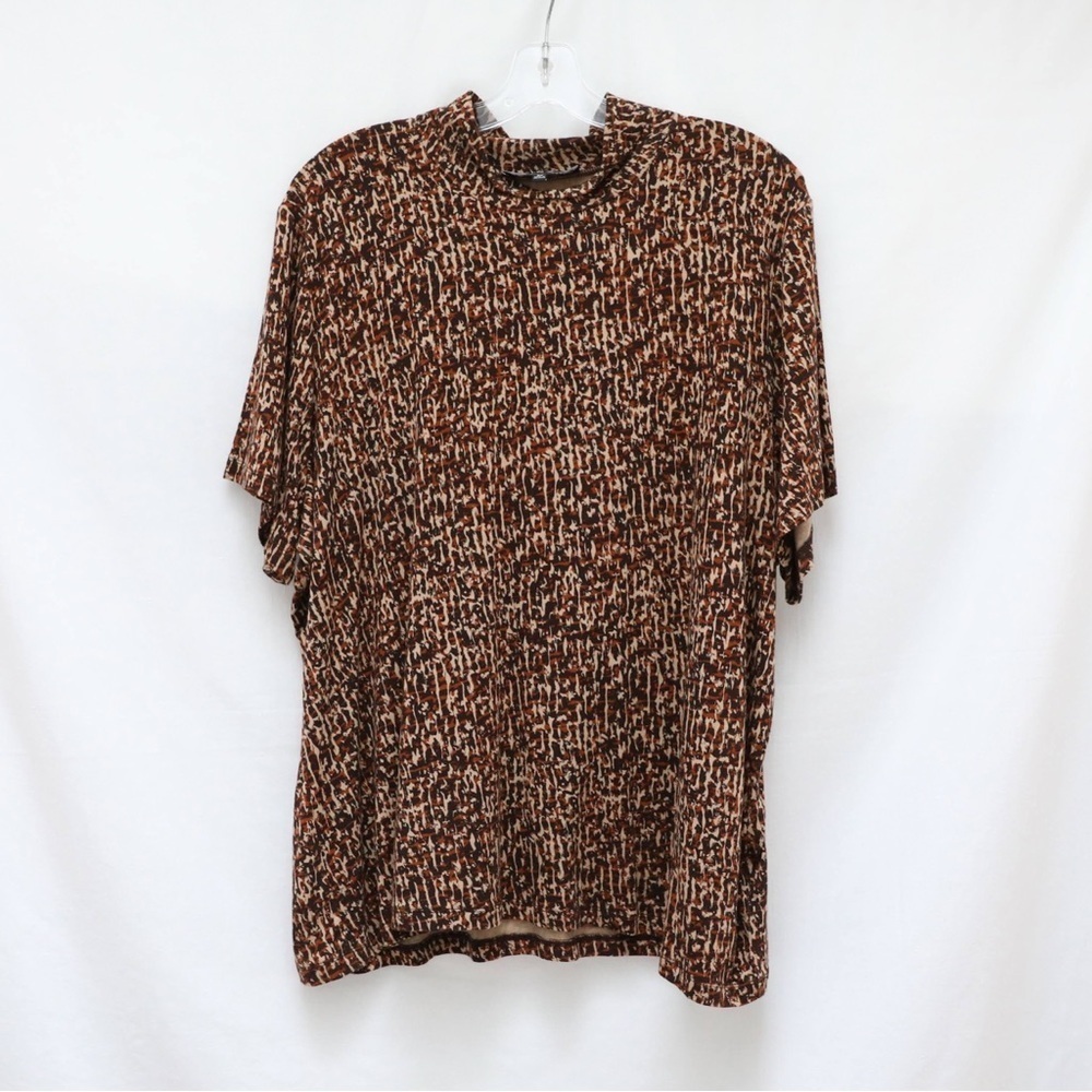 Jones NYC Mock Neck short sleeve top plus size 3X abstract brown print 70s styl